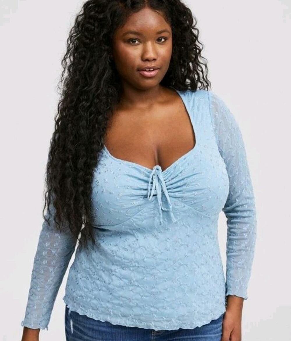 Torrid Dusty Blue Long Sleeve Floral Mesh Tie-Front Top Y2K Inspired